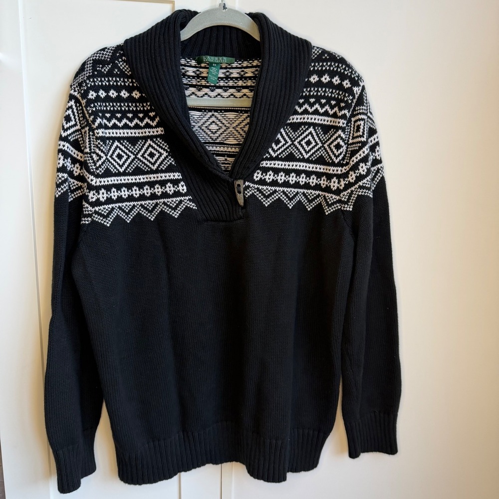 Lauren Ralph‎ Lauren Sweater Women 2X Black White Fair Isle Toggle Shawl Collar